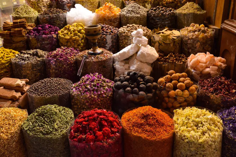 Pyramids of spices on a market stall